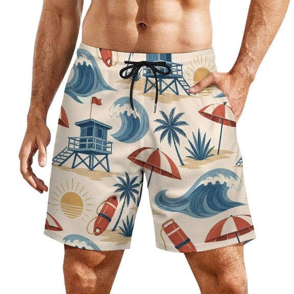 Retro Lifeguard SummerMen’s Beach Shorts Quick Dry Swim Trunks, Lightweight Board Shorts with Elastic Waist for Swimming, Pool, Vacation and Summer Beachwear