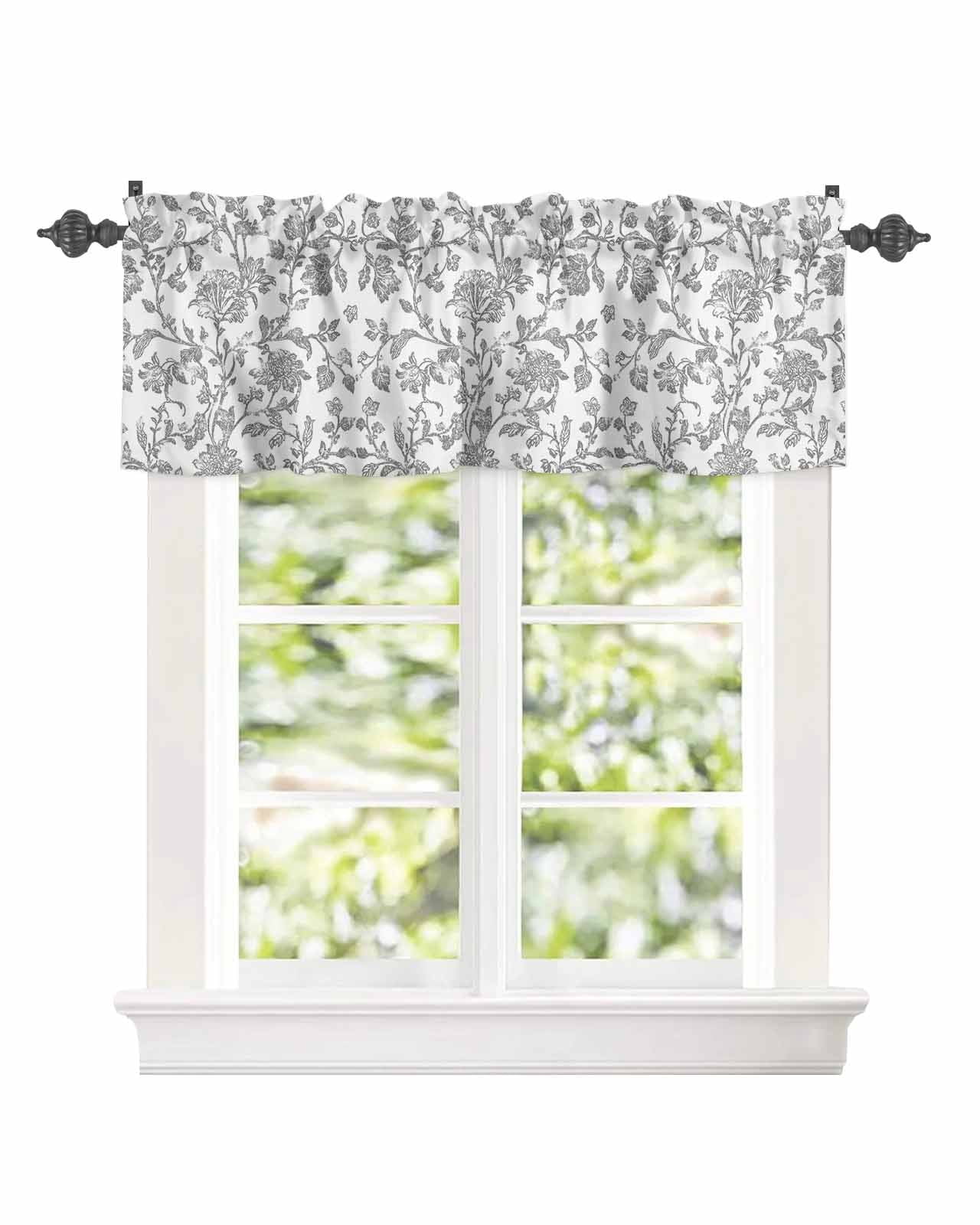 Retro Light Grey Farmhouse Floral Curtain Valances for Kitchen Windows,Rod Pocket Short Valance Pastoral Flowers Window Treatment for Living Room Bathroom Bedroom,42" x 18"-1 Panel