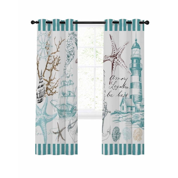 Retro Lighthouse Blackout Curtains for Bedroom Living Room, Ocean Starfish Shell Coral Teal Art 39 In Long Thermal Insulated Room Darkening Drapes Grommet Window Treatments, 27.5 x 39 In