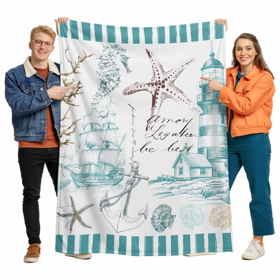 Retro Lighthouse Flannel Blanket for Bed,Travel and Camping, Ocean Starfish Shell Coral Teal Art Super Soft Cozy Blanket for All Seasons 40"x50"