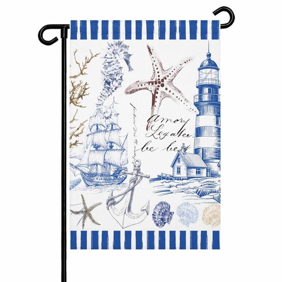 Retro Lighthouse Garden Flag 12x18 Inch Ocean Starfish Shell Coral Blue Art Double Sided Small Decorative Garden Flags for Outside, Outdoor Yard Porch Lawn Decoration