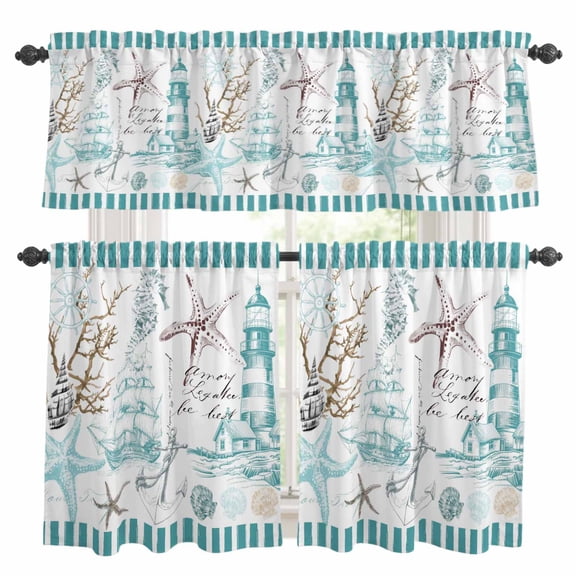 Retro Lighthouse Kitchen Curtains and Valances Set, Ocean Starfish Shell Coral Teal Art Rod Pocket Window Valance Window Curtain Panels for Living Room Bedroom Laundry, 27.5x24in, 3 Pieces