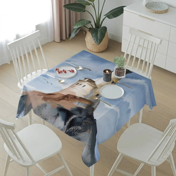 Retro Lighthouse Oil Painting Art Table Cloth 54x54in, Waterproof Square Tablecloth Wipeable Tablecloths Ocean Seagull Beach Table Covers for Dining Tables Party Indoor Outdoor