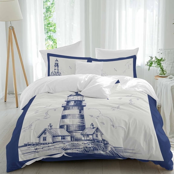 Retro Lighthouse Queen Size Comforter Set, Seagull Ocean Vintage Blue Lines Art Bedding for All Seasons, 4 Pcs Bed Set, 1Quiltcover (90"x92") ,1Sheet(94"x116"), 2Pillowcases (30"x20")