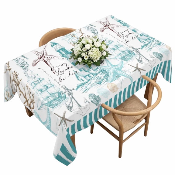 Retro Lighthouse Rectangle Tablecloth Ocean Starfish Shell Coral Teal Art Waterproof Wrinkle Free Soft Table Cloth Spill-Proof Washable Table Cover for Dining Party Picnic 60 x 120 Inch