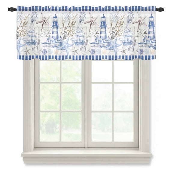 Retro Lighthouse Semi Sheer Valance Curtains Ocean Starfish Shell Coral Blue Art Voile Valances Curtain Rod Pocket Small Window Treatment for Kitchen Bathroom Cafe 42"x12"