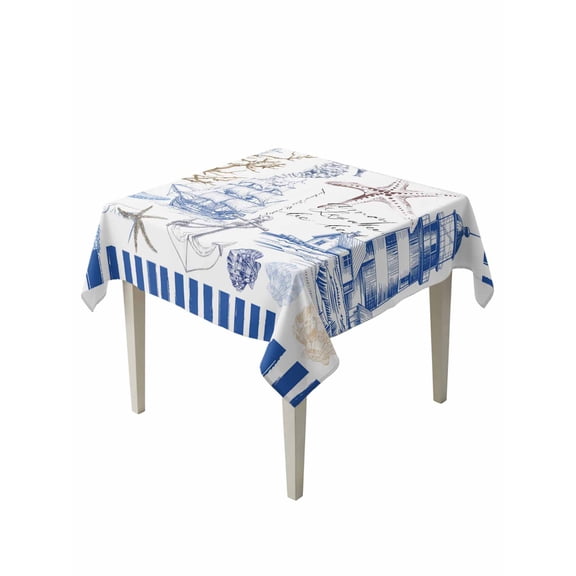 Retro Lighthouse Table Cloth 54x54 Inch Square, Ocean Starfish Shell Coral Blue Art Waterproof Tablecloth Washable Table Cover for Party Picnic Dinner Decor