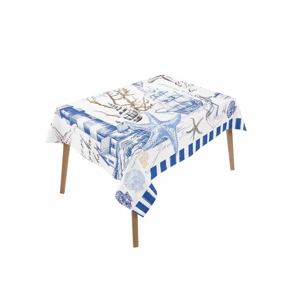 Retro Lighthouse Table Cloth 60x102 Inch Rectangle, Ocean Starfish Shell Coral Blue Art Waterproof Tablecloth Washable Table Cover for Party Picnic Dinner Decor