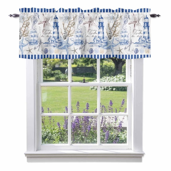 Retro Lighthouse Valances for Windows Ocean Starfish Shell Coral Blue Art Rod Pocket Cafe Window Treatments Valance Curtains for Kitchen Bathroom Laundry Basement Windows 60"x18"