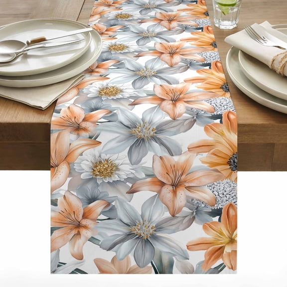 Retro Lily Flower Cotton Linen Table Runner Orange White Floral Modernism Dining Table Runners for Home Decor Party Dining Room Restaurant Kitchen 13" x 60"