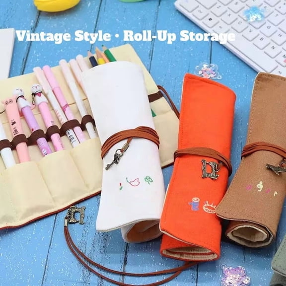 Retro Linen Roll Pen Case for Artists and Students Canvas Pencil Holder with Adjustable Strap, Roll Up Pen Bag for Sketching Drawing and Writing Supplies