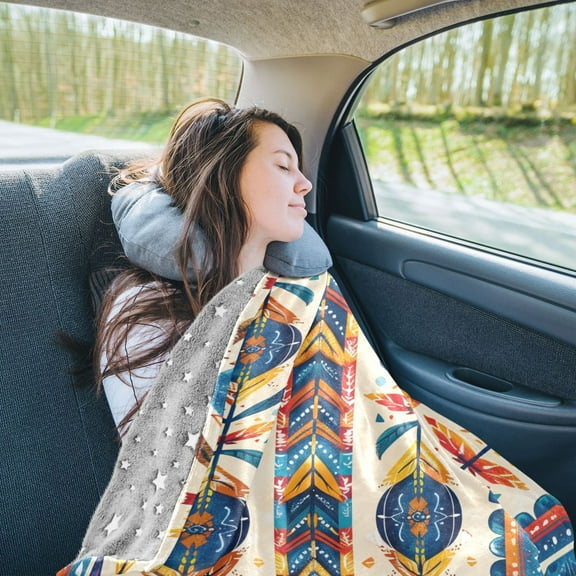 Retro Lines Travel Blanket Pillow Compact Foldable Airplane Throw Blanket with Trolley Sleeve for Travel Camping