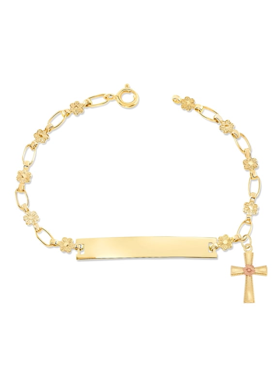 Retro Link© Kids 14K Gold-Plated, Daisy Cross Charm Bracelet, Flower Engravable ID, 5.5"-6"