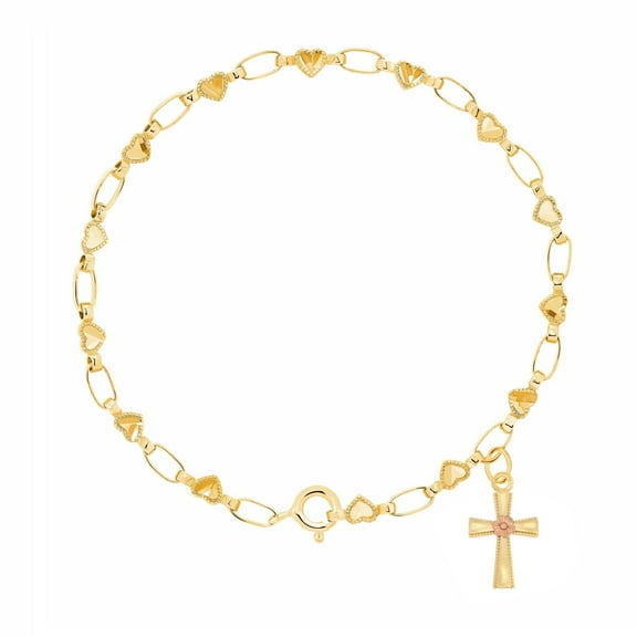Retro Link© Kids 14K Gold-Plated, Daisy Cross Charm Bracelet, Heart Chain, 5.5"-6"