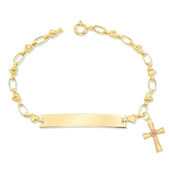 Retro Link© Kids 14K Gold-Plated, Daisy Cross Charm Bracelet, Heart Engravable ID, 5.5"-6"