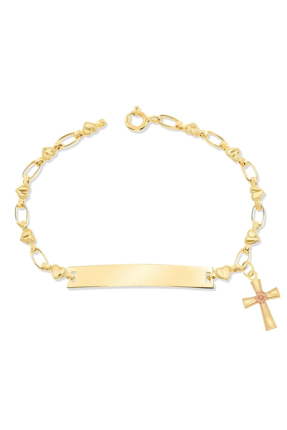 Retro Link© Kids 14K Gold-Plated, Daisy Cross Charm Bracelet, Heart Engravable ID, 5.5"-6"