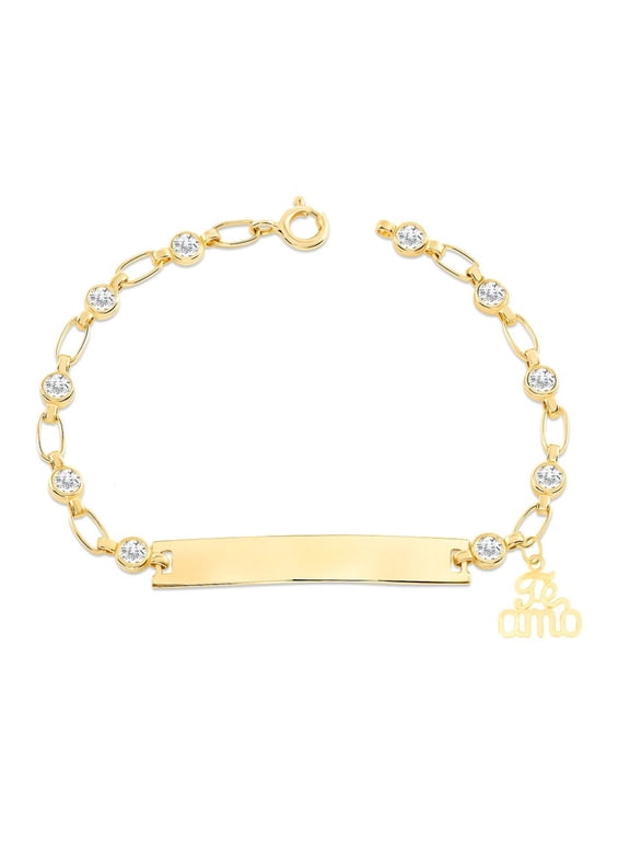 Retro Link© Kids 14K Gold-Plated, Te Amo Charm Bracelet, Clear CZ Engravable ID, 5.5"-6"