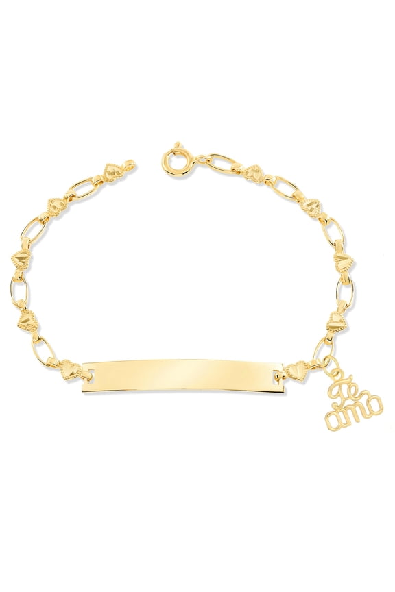 Retro Link© Kids 14K Gold-Plated, Te Amo Charm Bracelet, Heart Engravable ID, 5.5"-6"