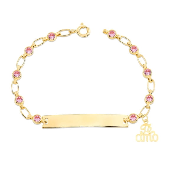 Retro Link© Kids 14K Gold-Plated, Te Amo Charm Bracelet, Pink CZ Engravable ID, 5.5"-6"