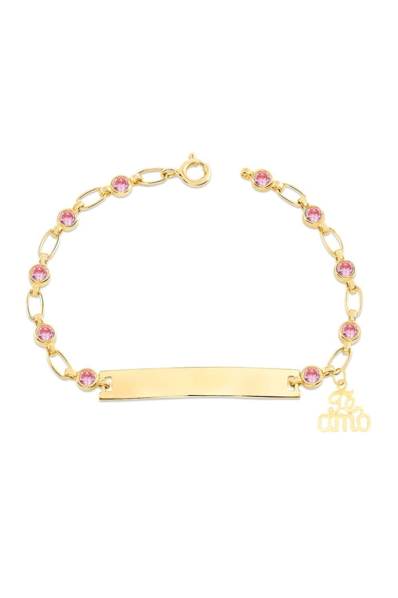 Retro Link© Kids 14K Gold-Plated, Te Amo Charm Bracelet, Pink CZ Engravable ID, 5.5"-6"