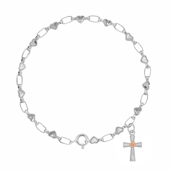 Retro Link© Kids Sterling Silver, Daisy Cross Charm Bracelet, Heart Chain, 5.5"-6"