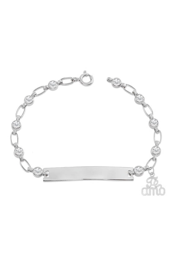 Retro Link© Kids Sterling Silver, Te Amo Charm Bracelet, Clear CZ Engravable ID, 5.5"-6"