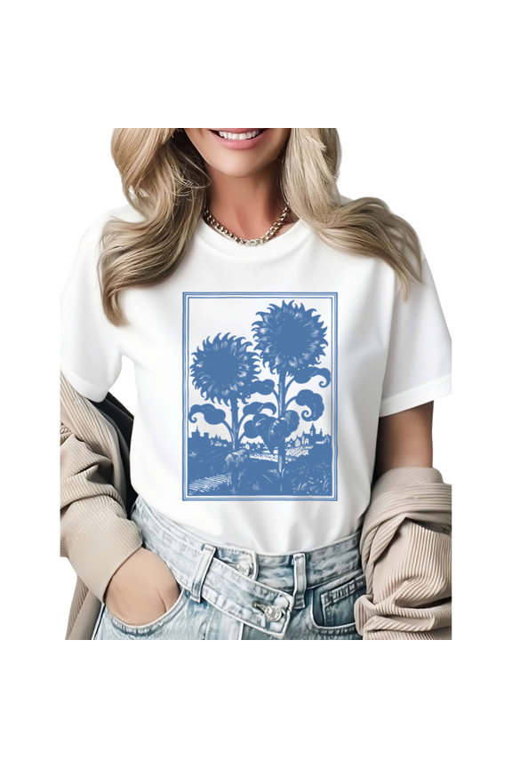 Retro Linocut Botanical Graphic Tees Womans T-shirt White S-5XL Shirts Daily Casual Tops