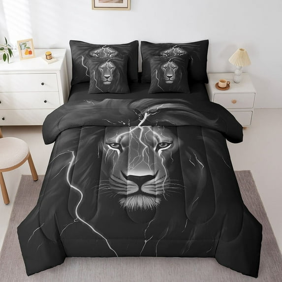 Retro Lion Bedding Set Twin 7 Piece Black Grey Lion Head Bed In A Bag With Sheets Vintage Safari Animal Comforter Set Teen Adults Men Lightning Wildlife Bed Set
