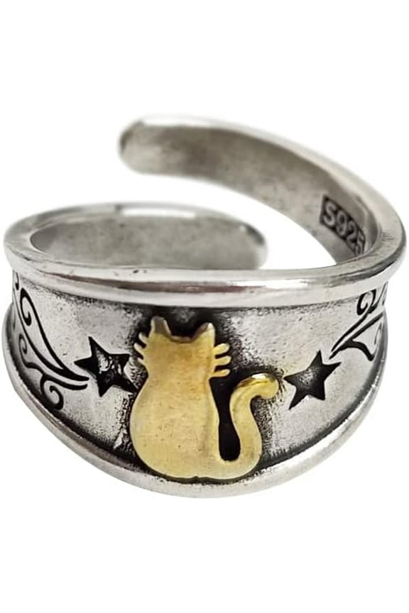 Retro Little Cat Open Band Ring for Men Women Vintage Star Statement Wrap Adjustable Rings Extendable Knuckle Middle Finger Bands Comfort Fit Jewelry Best Friends