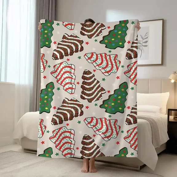 Retro Little Debb Christmas Tree Cake Print Flannel Blanket, Holiday Cheer Home Décor