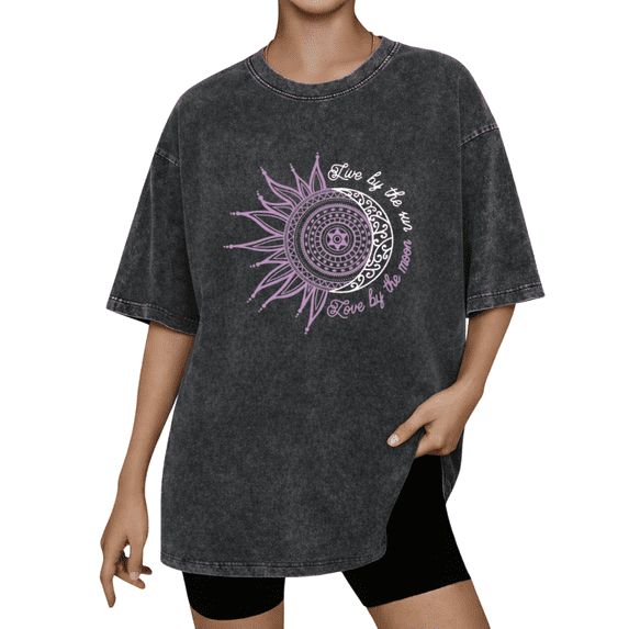 Retro Live By The Sun Love By The Moon Aesthetic Wash Print Tshirt S-2XL Vintage Black Graphic Tees Gift Shirts for Boho Fashion Tops