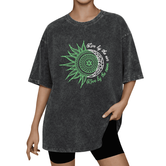 Retro Live By The Sun Love By The Moon Aesthetic Wash Print Tshirt S-2XL Vintage Black Graphic Tees Gift Shirts for Boho Fashion Tops