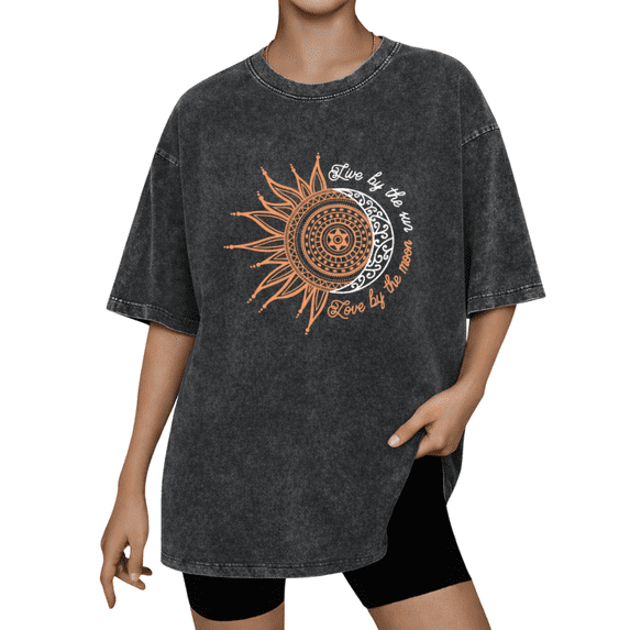 Retro Live By The Sun Love By The Moon Aesthetic Wash Print Tshirt S-2XL Vintage Black Graphic Tees Gift Shirts for Boho Fashion Tops