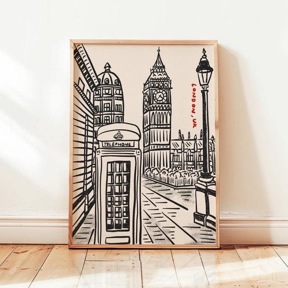 Retro London City Big Ben United Kingdom Travel Minimalist, Unframed Paper Print Size 16x24