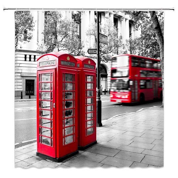 Retro London TelephBooth Bathroom Shower Curtain Big Ben Red Scenery Waterproof Polyester Fabric for Art Bathtub Home Decor