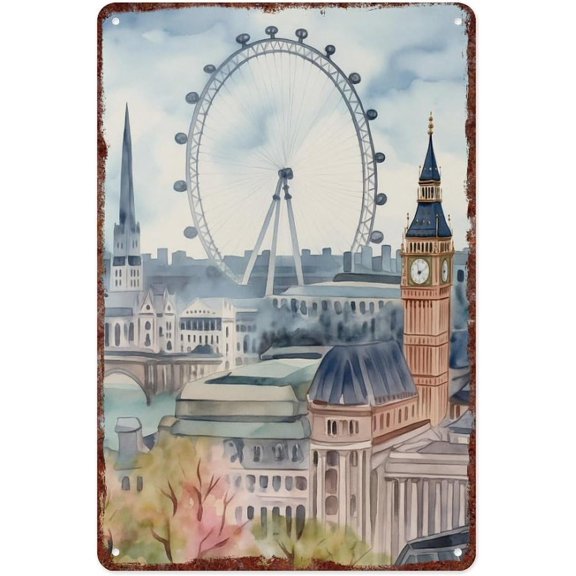 Retro London Watercolor Metal Tin Sign Wall Art Poster for Kitchens Restaurants Bars Cafes 12x8 Inches