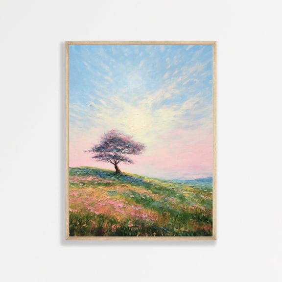 Retro Lone Tree Print Minimal Pink Pastel Landscape Home Decor Office Wall Art