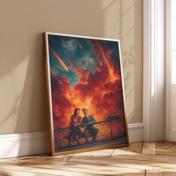 Retro Love 1950s Couple Laughing Under Meteor Sky Surreal Sci-Fi Balcony Art, Unframed Canvas 8x10in