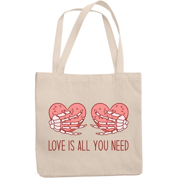Retro Love Is All You Need with Hearts & Skeleton Hands, Valentine's Day Gift, 12oz Canvas Tote Bag