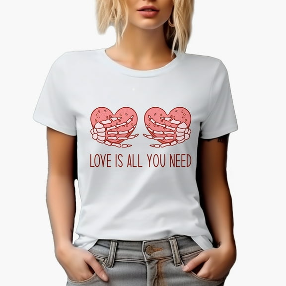 Retro Love Is All You Need with Hearts & Skeleton Hands, Valentine's Day Gift, White T-Shirt, Small