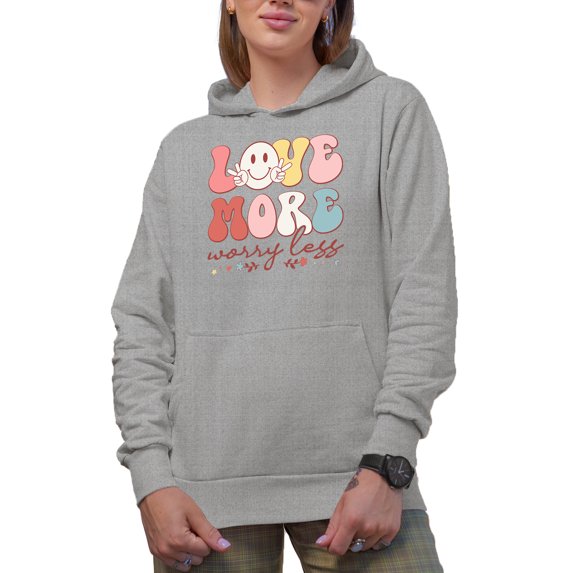 Retro Love More Worry Less, Groovy Text, Valentine's Day Gift, Heather Grey Hooded Sweatshirt or Hoodie, Large