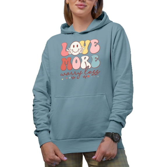 Retro Love More Worry Less, Groovy Text, Valentine's Day Gift, Light Blue Hooded Sweatshirt or Hoodie, Medium