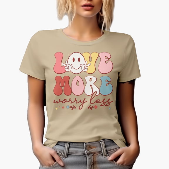 Retro Love More Worry Less, Groovy Text, Valentine's Day Gift, Tan T-Shirt, Medium