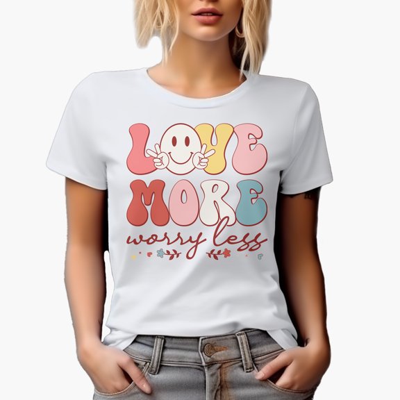 Retro Love More Worry Less, Groovy Text, Valentine's Day Gift, White T-Shirt, Small