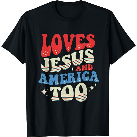 Retro Loves Jesus And America Too America Flag 4th of July T-Shirt,Black