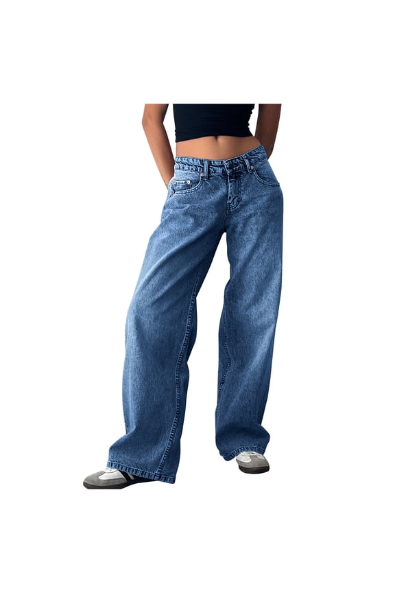 Retro Low Waist Loose Straight Leg Jeans for Women Y2K Hop Street Fashion Washed Wide Leg Denim Pants, Gothic Casual Autumn Non-Elastic Denim Overalls