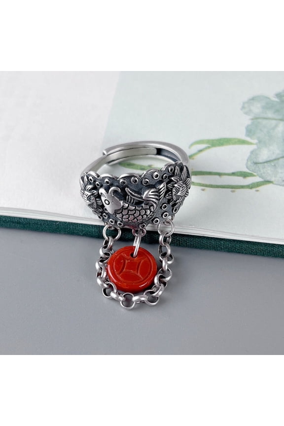 Retro Lucky Fish Ring with Tassel Copper Coin Pendant Adjustable Fashion Jewelry for Women Cultural Charm Accessory