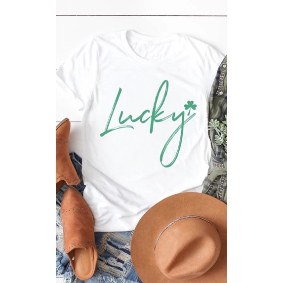 Retro Lucky Script Shamrock Graphic Tee T-Shirt PLUS