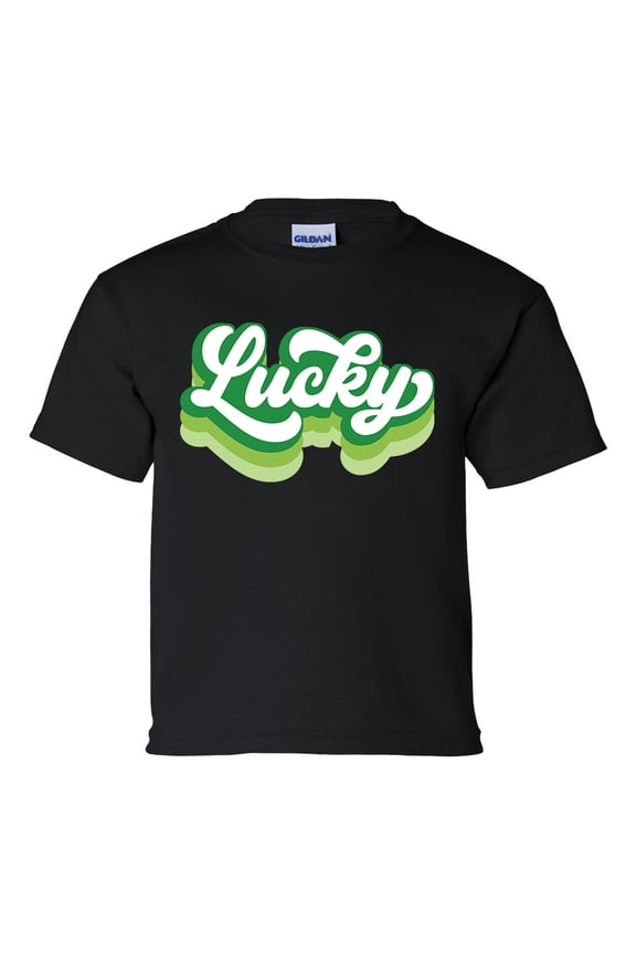 Retro Lucky Youth Kids St. Patricks Day Shamrock Short Sleeve T-shirt Graphic Tee-Black-small