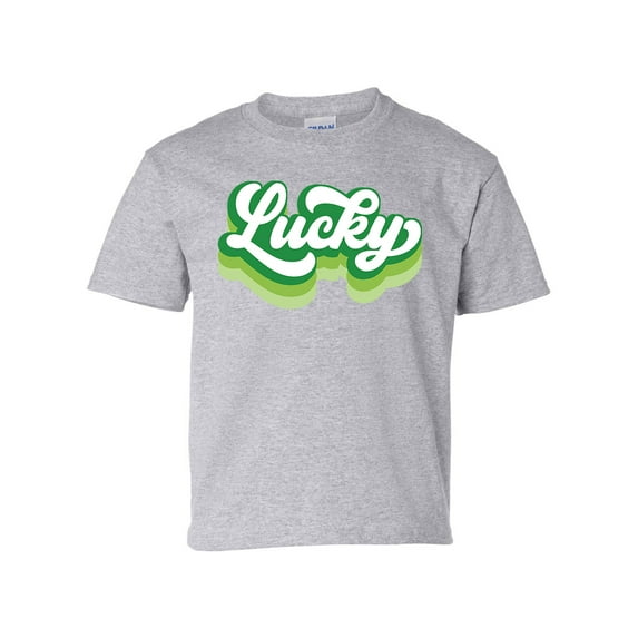 Retro Lucky Youth Kids St. Patricks Day Shamrock Short Sleeve T-shirt Graphic Tee-Sports Grey-small